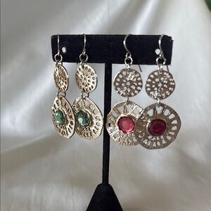 Artisan Hammered Gold-Tone & Gemstone Dangle Earrings - Boho Chic!